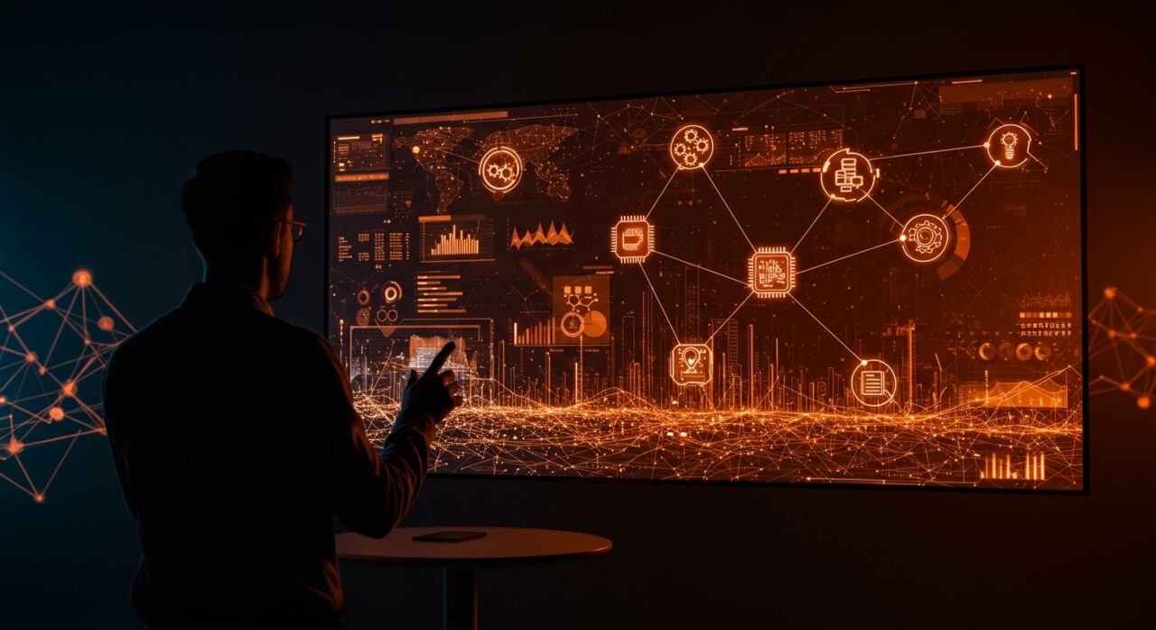 Fundador de startup en LATAM interactuando con tecnología de inteligencia artificial en un entorno digital futurista, destacando avances y retos éticos.