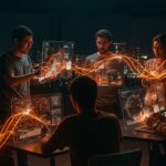 Fundadores de startups LATAM colaborando con interfaces digitales de inteligencia artificial, mostrando tendencias y sectores clave de IA aplicada en 2026.