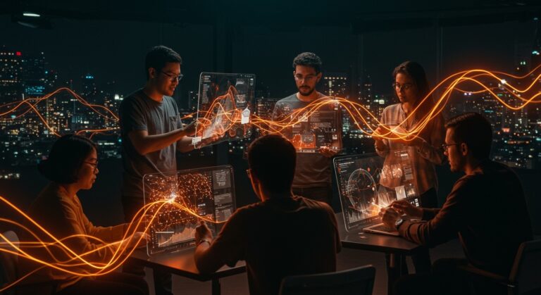 Fundadores de startups LATAM colaborando con interfaces digitales de inteligencia artificial, mostrando tendencias y sectores clave de IA aplicada en 2026.