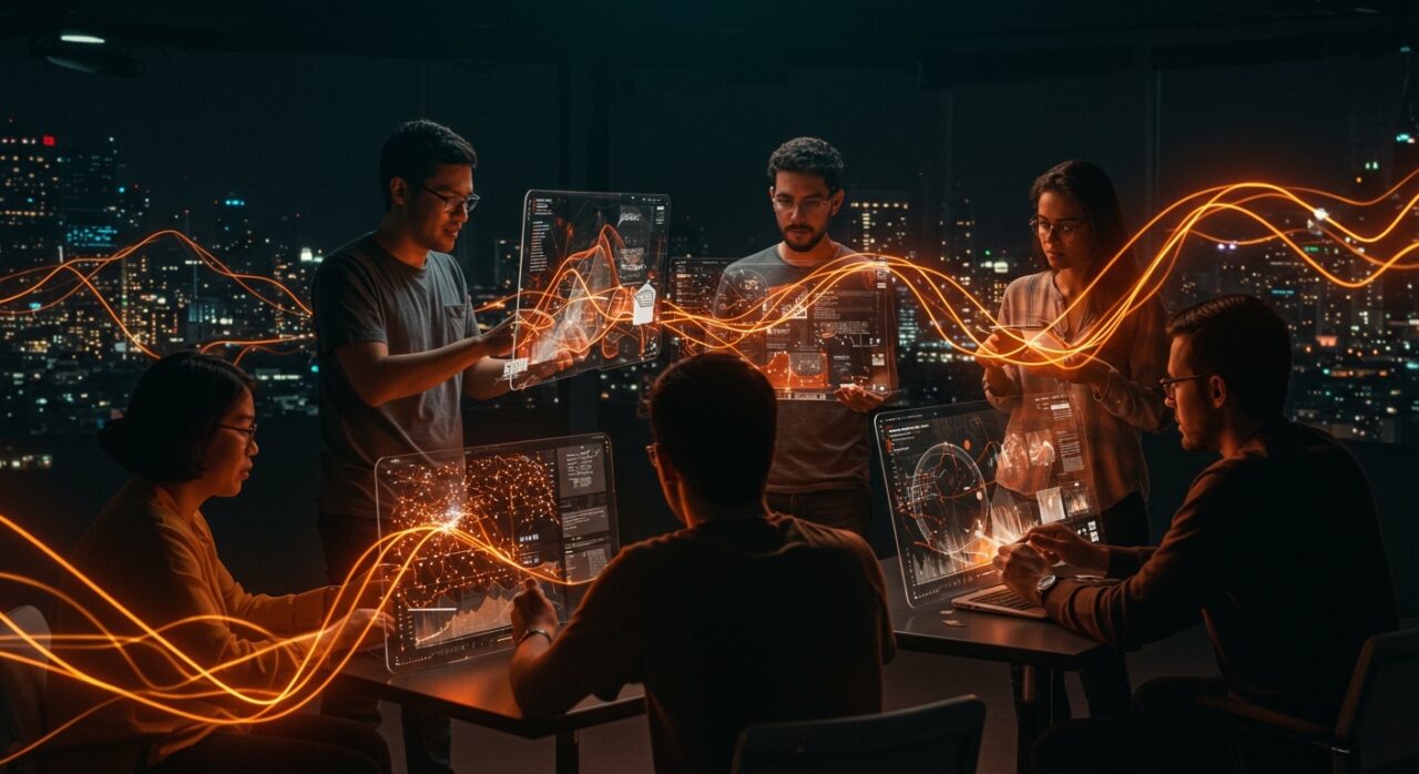 Fundadores de startups LATAM colaborando con interfaces digitales de inteligencia artificial, mostrando tendencias y sectores clave de IA aplicada en 2026.