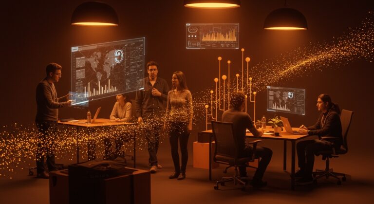 Emprendedores de startups LATAM trabajando con inteligencia artificial y datos digitales, mostrando tendencias y oportunidades para 2026.