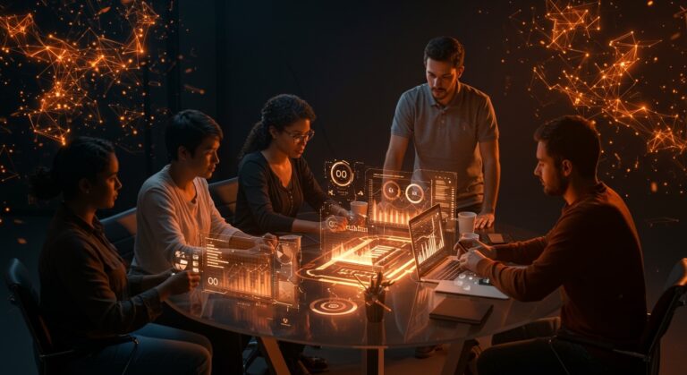 Founders de startups LATAM colaborando con hologramas de inteligencia artificial y tendencias 2026 en fintech, edtech y healthtech destacadas.