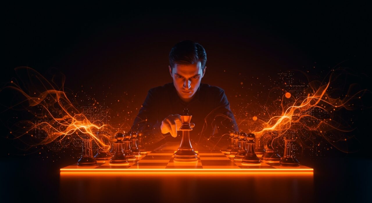 Gran maestro de ajedrez enfrentando inteligencia artificial, representando la transformación tecnológica y la competencia en el ajedrez moderno.