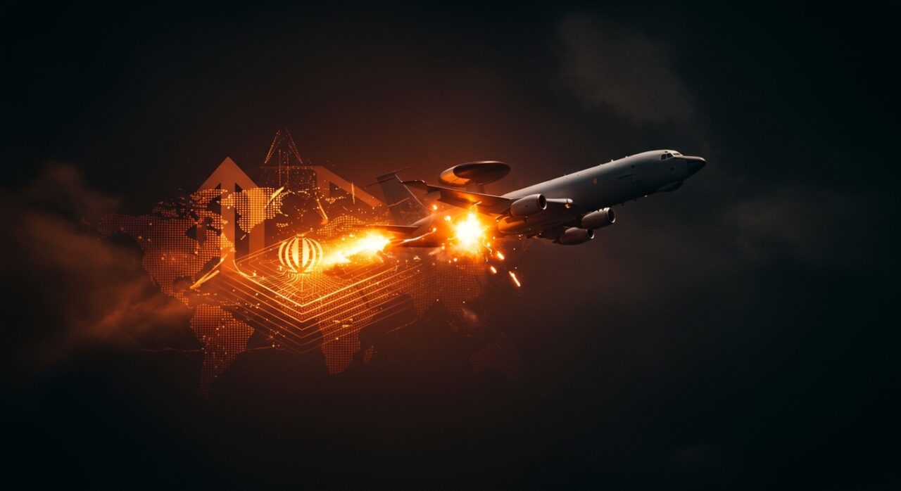 Imagen editorial que representa el derribo del avión de vigilancia E-3 Sentry con metáforas de inteligencia militar y tecnología en contexto de EEUU, Irán y Rusia.