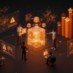 Fundadores de startups latinoamericanas colaborando frente a un archivo digital holográfico, simbolizando la preservación digital, riesgos regulatorios y oportunidades de innovación ética en LATAM.