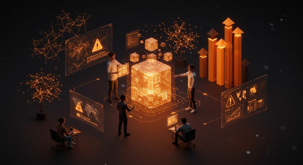 Fundadores de startups latinoamericanas colaborando frente a un archivo digital holográfico, simbolizando la preservación digital, riesgos regulatorios y oportunidades de innovación ética en LATAM.