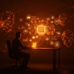 Imagen conceptual de internet muerto dominado por bots e inteligencia artificial, mostrando un fundador frente a una red digital holográfica, ilustrando el impacto de la Dead Internet Theory en el ecosistema startup.