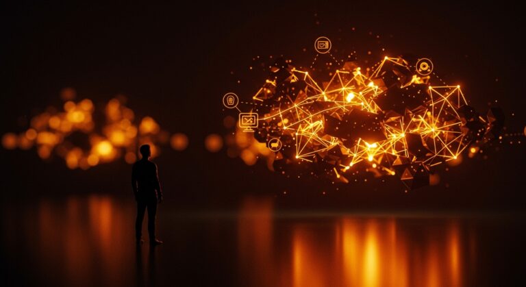 Interoperabilidad en la web abierta ilustrada con datos y redes digitales en la paleta naranja y negro de Ecosistema Startup, inspirada en Cory Doctorow.