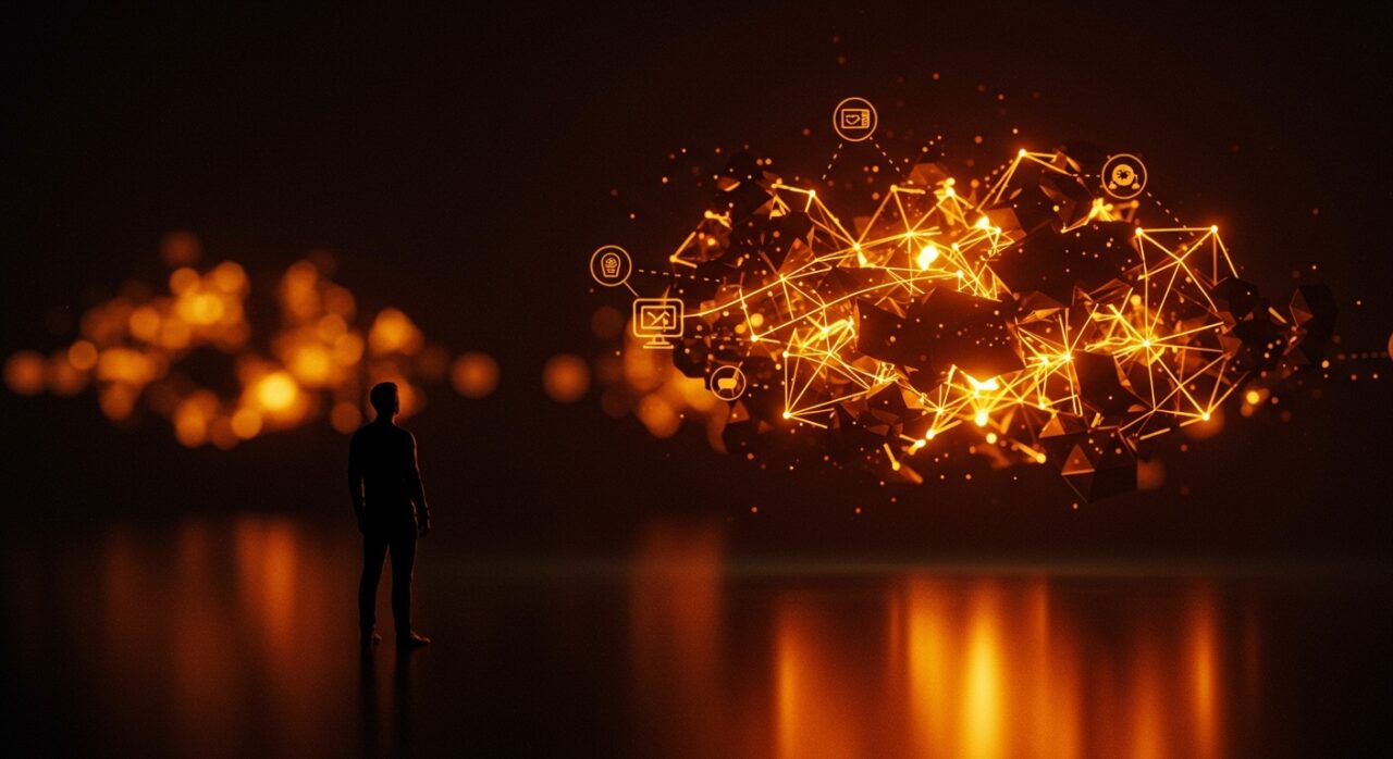 Interoperabilidad en la web abierta ilustrada con datos y redes digitales en la paleta naranja y negro de Ecosistema Startup, inspirada en Cory Doctorow.