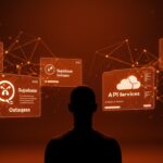 Interrupciones en servicios cloud y APIs de IA representadas por hologramas de error, destacando la fragilidad y resiliencia en infraestructuras tech de startups.