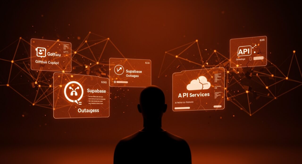 Interrupciones en servicios cloud y APIs de IA representadas por hologramas de error, destacando la fragilidad y resiliencia en infraestructuras tech de startups.