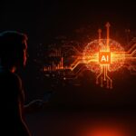 Inversión en IA representada por un fundador tech observando redes neuronales y flujos de capital que destacan el ROI medible en startups de inteligencia artificial.