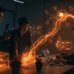 Inversión en IA y tecnología energética representada por fundadores de startups trabajando con hologramas de data centers y redes neuronales iluminadas en una escena futurista.