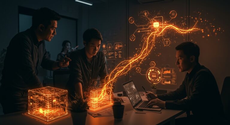 Inversión en IA y tecnología energética representada por fundadores de startups trabajando con hologramas de data centers y redes neuronales iluminadas en una escena futurista.