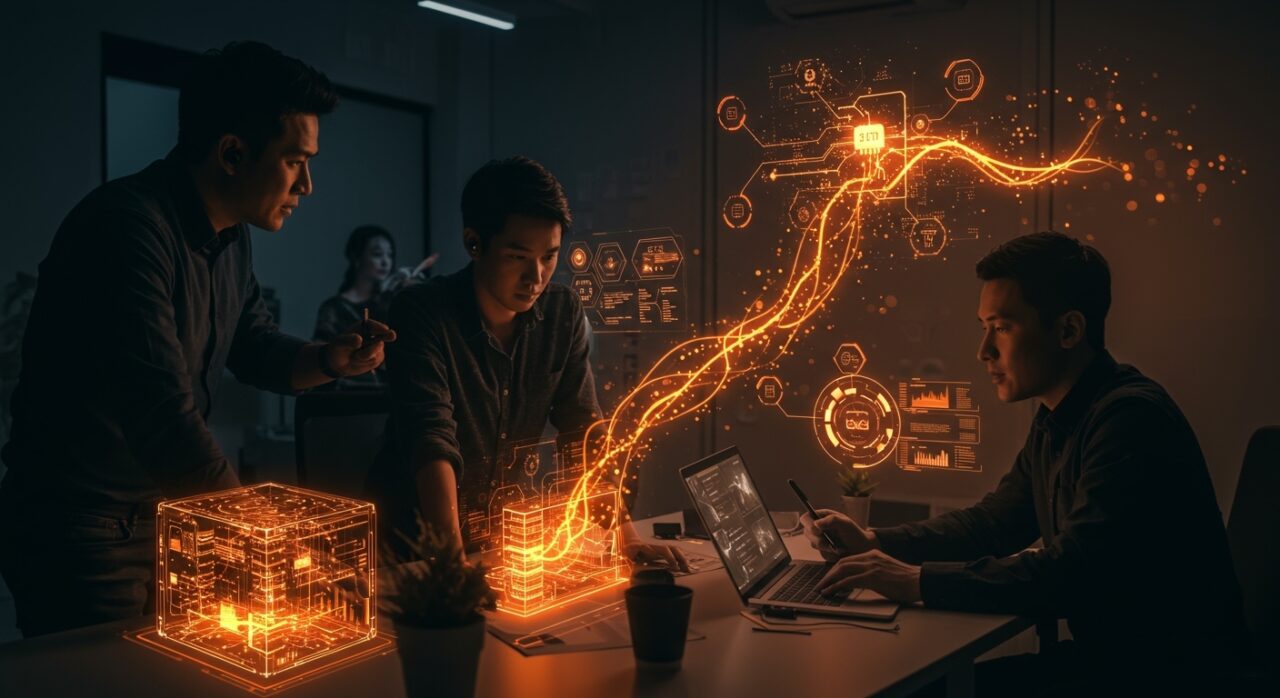 Inversión en IA y tecnología energética representada por fundadores de startups trabajando con hologramas de data centers y redes neuronales iluminadas en una escena futurista.
