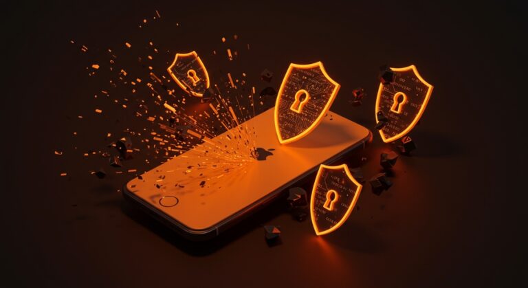 Imagen conceptual de un iPhone protegido con barreras digitales en colores naranja y negro, simbolizando la seguridad reforzada contra spyware en iOS 26 para startups.