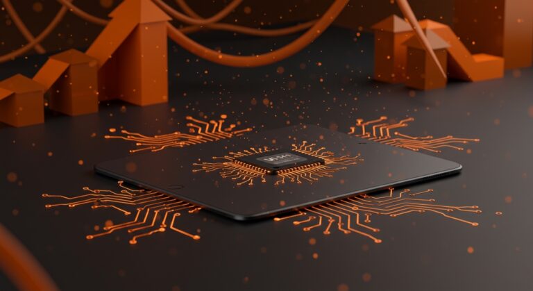 Apple iPad Air M4 en un ambiente tecnológico con iluminación volumétrica y elementos visuales de inteligencia artificial y Wi-Fi 7.