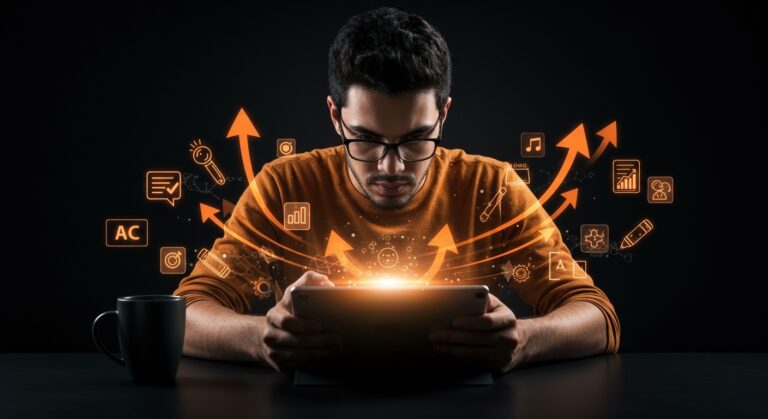 Founder tech latino usando iPad con apps de creatividad y productividad en un entorno digital inspirador con metáforas visuales de escalabilidad y herramientas AI.