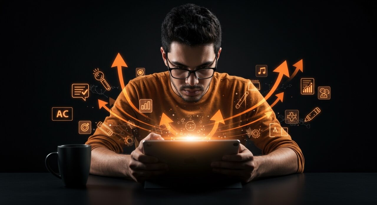 Founder tech latino usando iPad con apps de creatividad y productividad en un entorno digital inspirador con metáforas visuales de escalabilidad y herramientas AI.