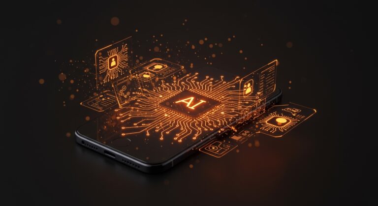 iPhone 17e con inteligencia artificial avanzada destacando tecnología móvil para startups y founders en paleta naranja y negro.