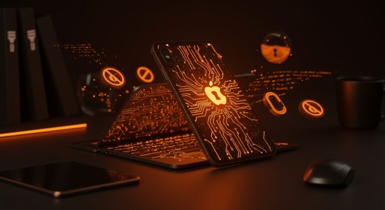 Imagen de un iPhone transformándose en una computadora portátil, ilustrando el potencial completo del hardware móvil y las restricciones de software de Apple para startups y desarrolladores.