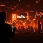 Retrato cinematográfico de fundador tecnológico frente a cityscape digital de PayPay con símbolos de volatilidad por tensiones geopolíticas en mercado japonés fintech.