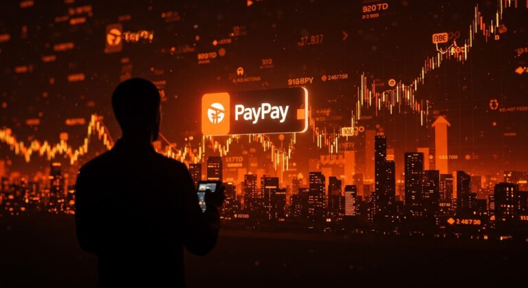 Retrato cinematográfico de fundador tecnológico frente a cityscape digital de PayPay con símbolos de volatilidad por tensiones geopolíticas en mercado japonés fintech.