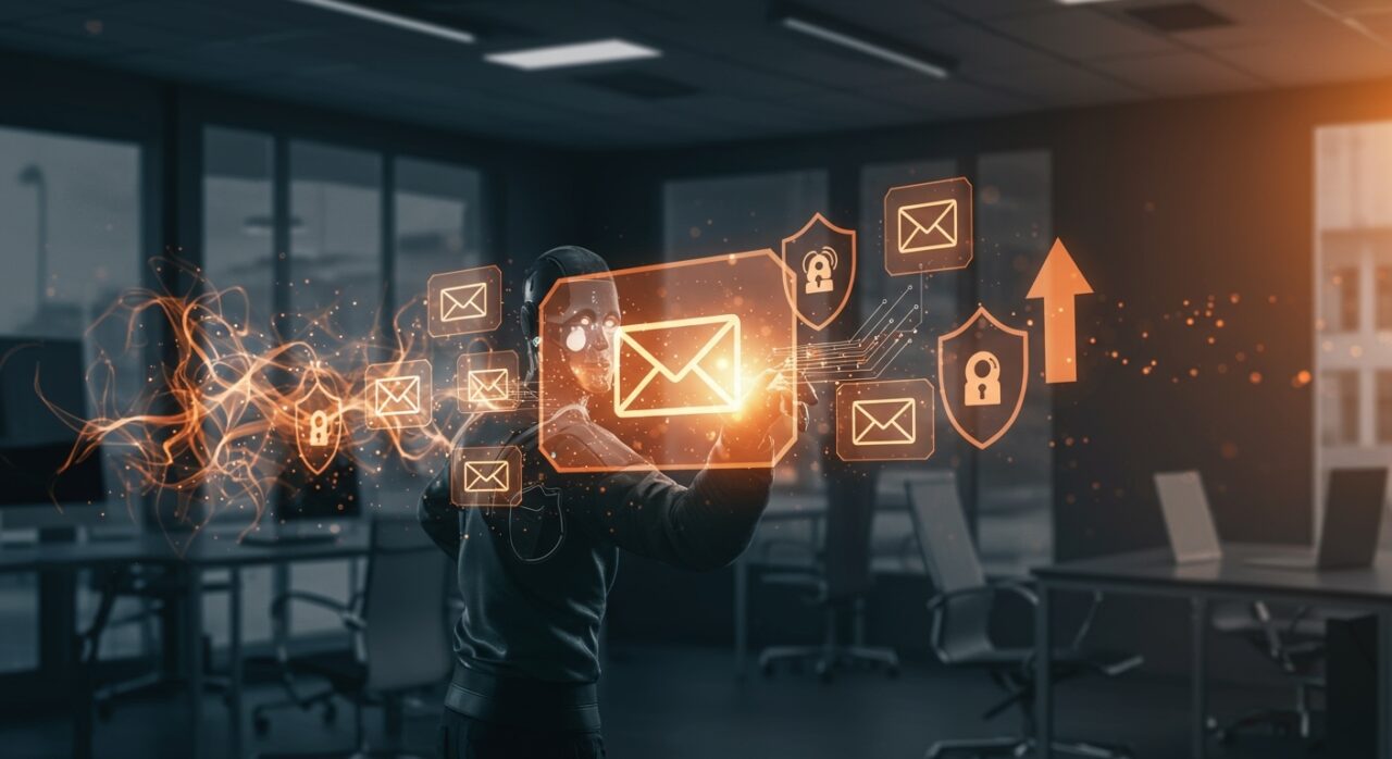 Agente de IA futurista defendiendo contra phishing con automación avanzada en ciberseguridad empresarial en RSAC 2026.