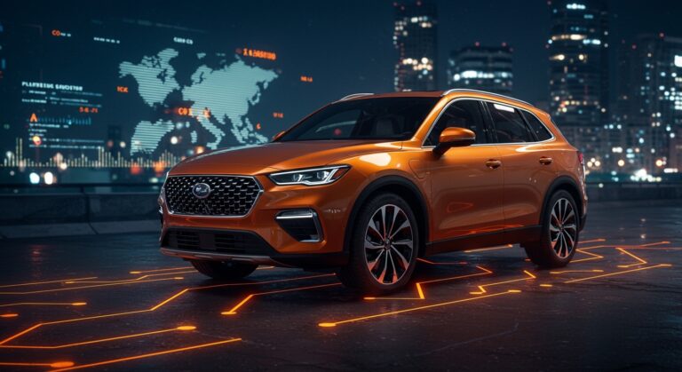 SUV híbrido enchufable Jaecoo 8 SHS destacándose en un entorno futurista que simboliza movilidad sostenible y tendencias del mercado automotriz europeo.