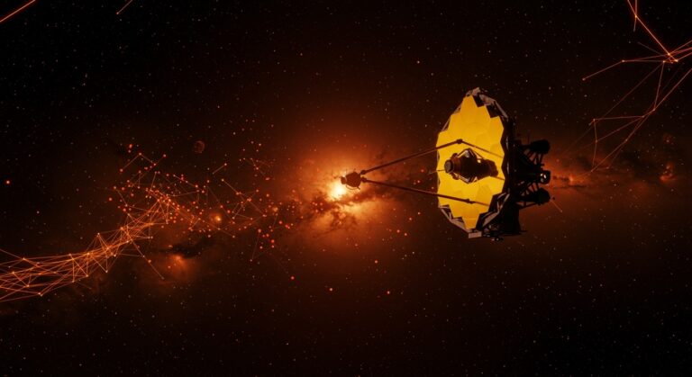 Imagen cinematográfica del telescopio James Webb detectando puntos rojos en el universo temprano, simbolizando avances en astronomía e innovación científica.