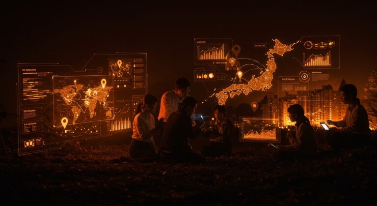 Innovadora gestión del turismo sostenible en Japón representada con emprendedores y tecnología digital enfocada en mercados emergentes.