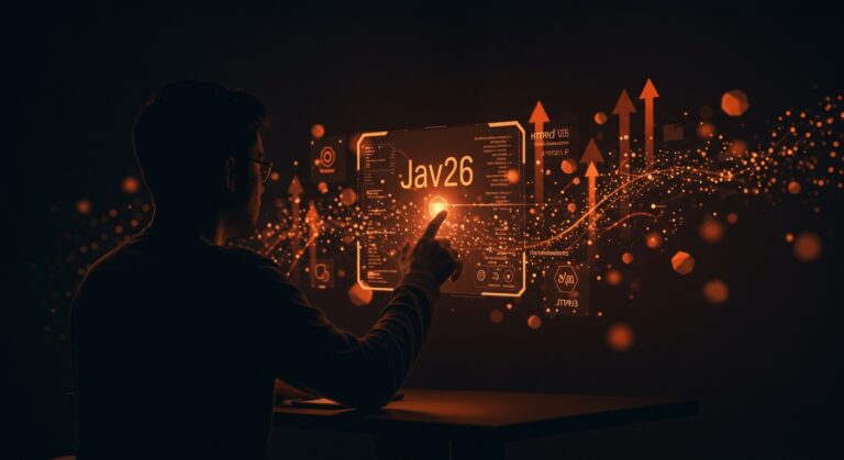 Desarrollador interactuando con interfaz holográfica sobre Java 26 destacando optimización JVM, concurrencia estructurada y HTTP/3 en contexto tecnológico.