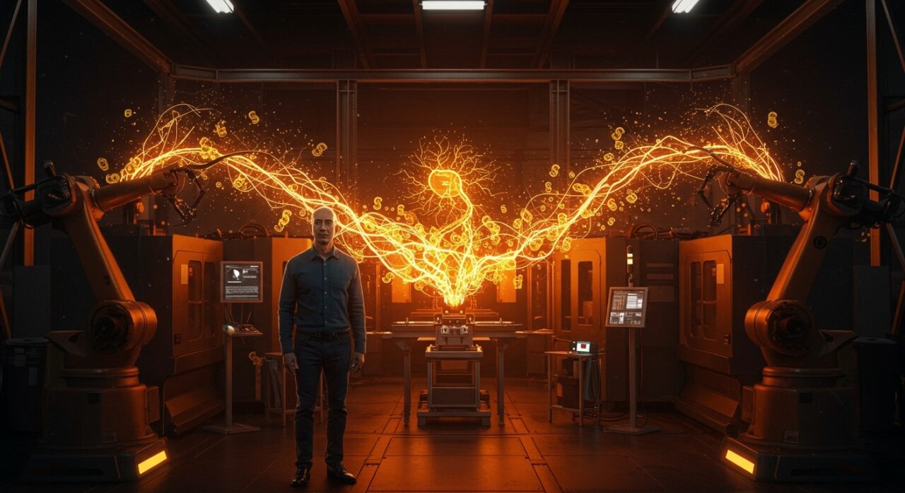 Jeff Bezos con fondo tecnológico representando fondo de 100 mil millones de dólares en inteligencia artificial para manufactura y startups latinoamericanas.