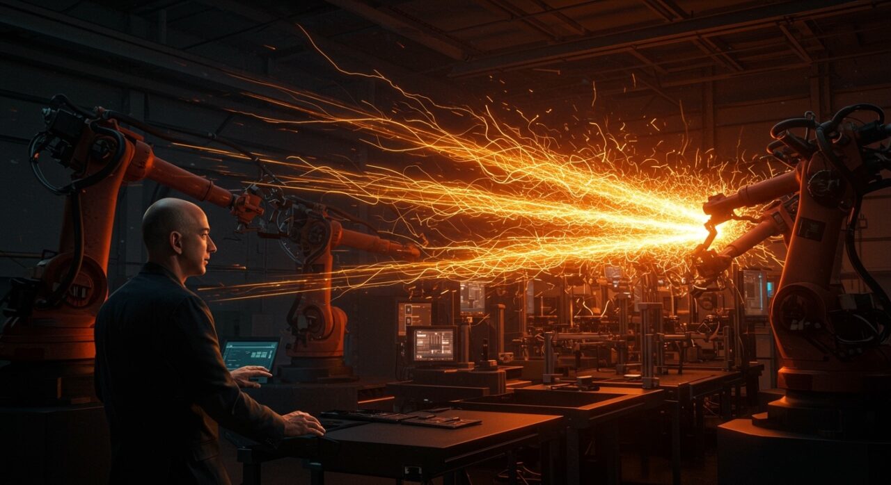 Jeff Bezos liderando la transformación de la manufactura mediante inteligencia artificial e inversión en startups tech.