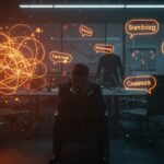 Empleado rodeado de jerga corporativa vacía que refleja mala toma de decisiones y liderazgo disfuncional en cultura organizacional.