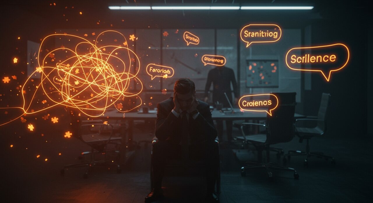 Empleado rodeado de jerga corporativa vacía que refleja mala toma de decisiones y liderazgo disfuncional en cultura organizacional.