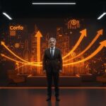 José Ignacio Mujica liderando Corfo con simbolismos visuales de inversiones y financiamiento para startups en Chile.