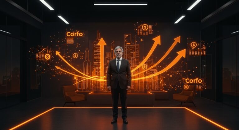 José Ignacio Mujica liderando Corfo con simbolismos visuales de inversiones y financiamiento para startups en Chile.