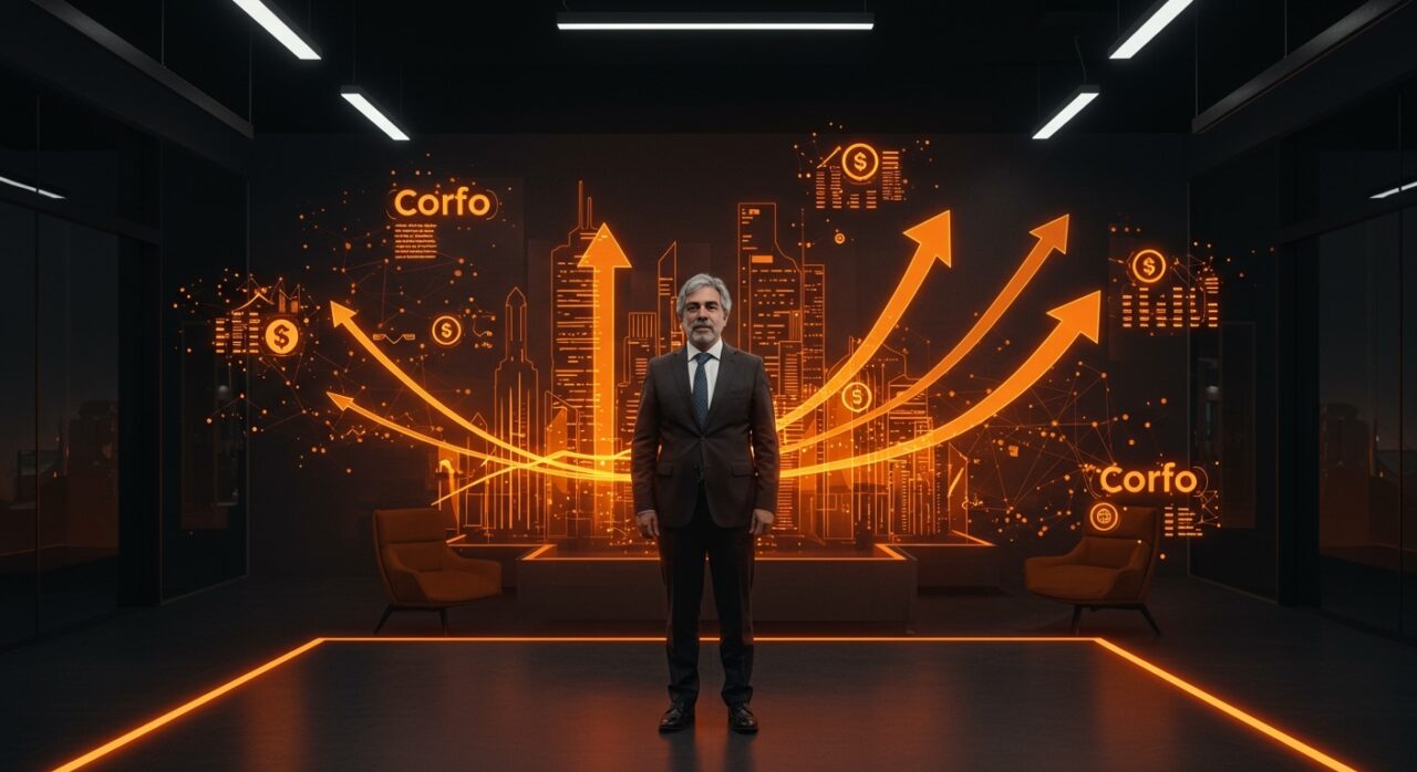 José Ignacio Mujica liderando Corfo con simbolismos visuales de inversiones y financiamiento para startups en Chile.