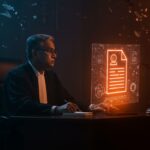 Juez indio inspeccionando documentos holográficos falsos creados por IA generativa, ilustrando riesgos éticos y legales de la inteligencia artificial en la judicatura.