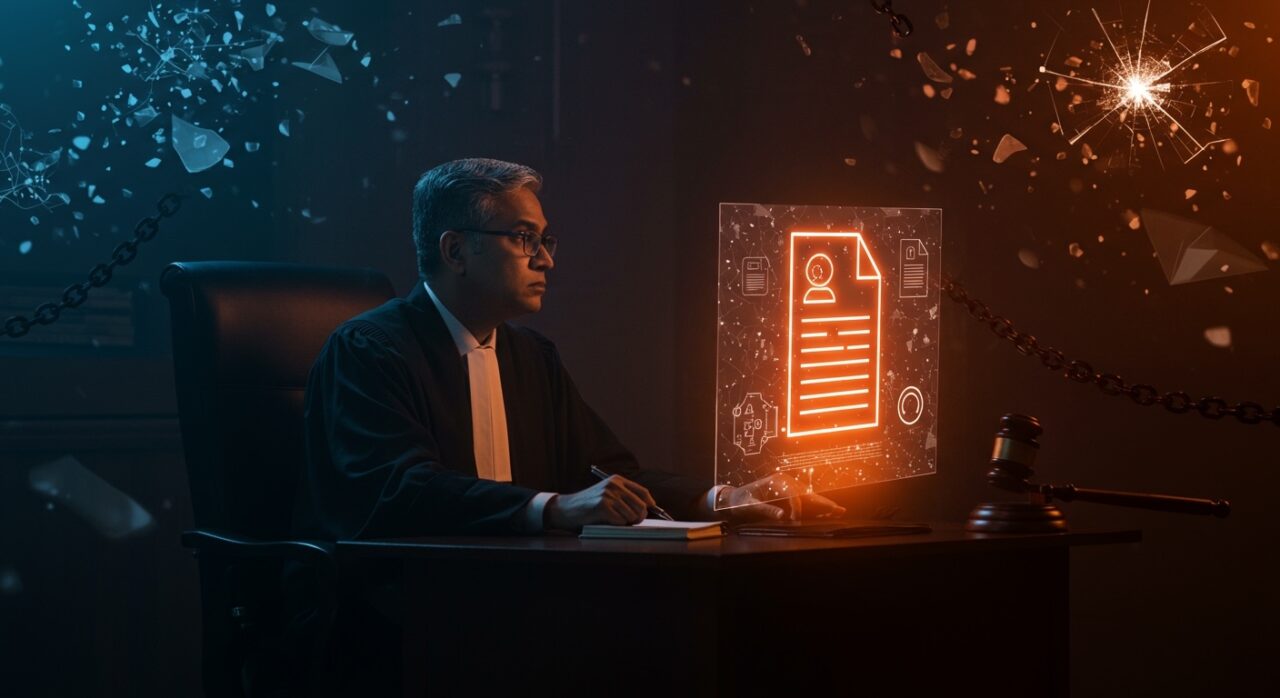 Juez indio inspeccionando documentos holográficos falsos creados por IA generativa, ilustrando riesgos éticos y legales de la inteligencia artificial en la judicatura.