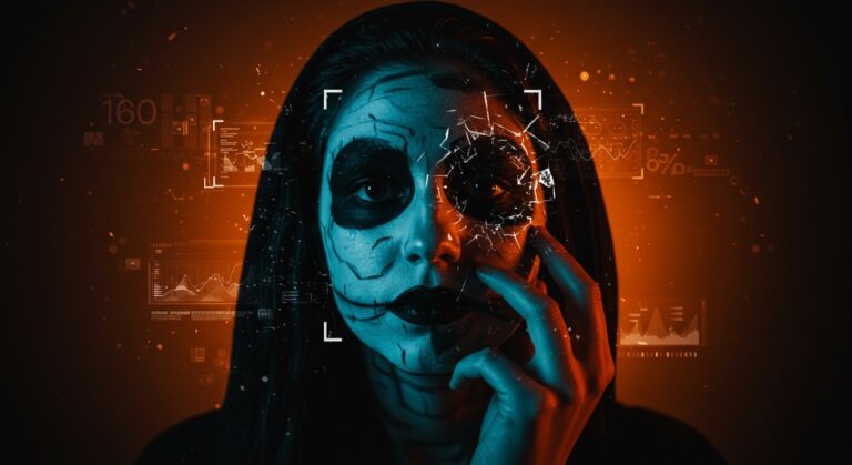 Persona con maquillaje Juggalo bloqueando reconocimiento facial digital, destacando retos en privacidad y seguridad tecnológica.
