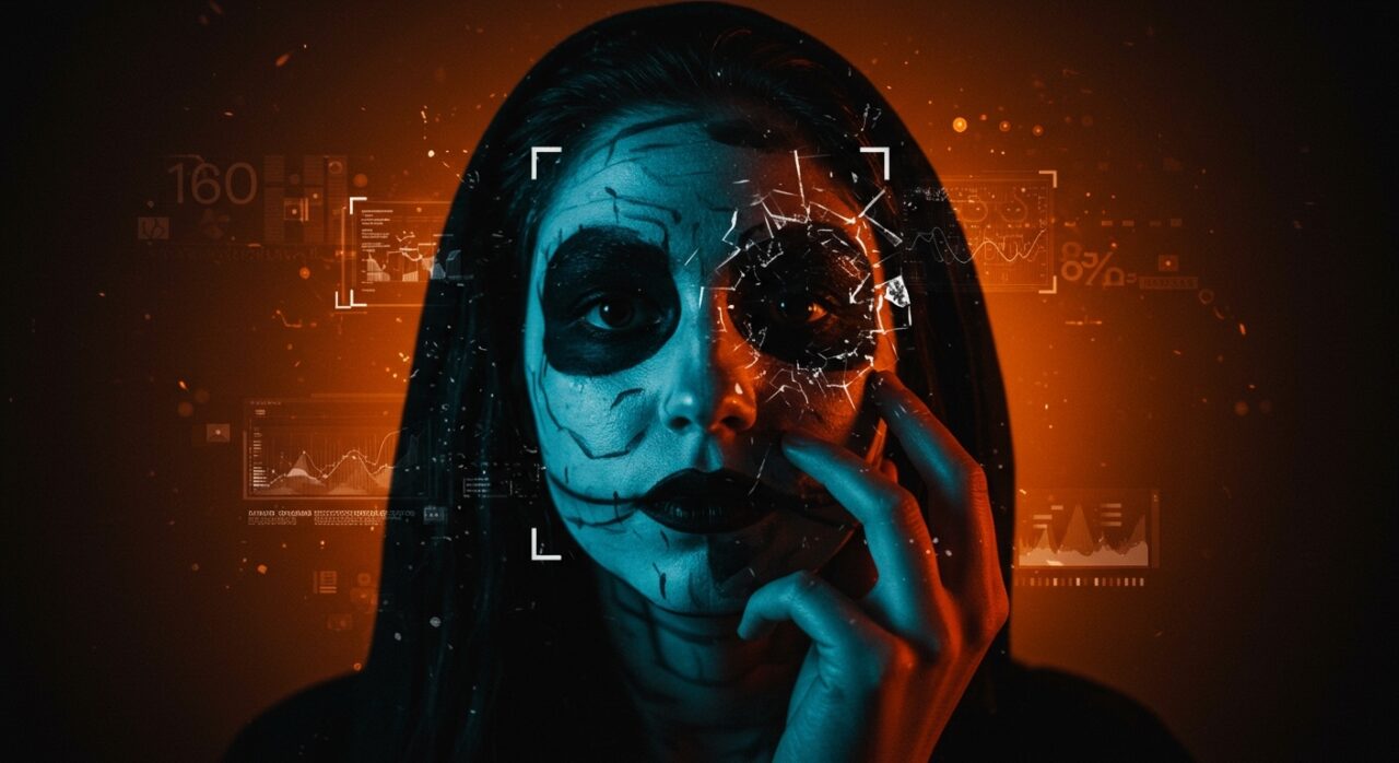 Persona con maquillaje Juggalo bloqueando reconocimiento facial digital, destacando retos en privacidad y seguridad tecnológica.
