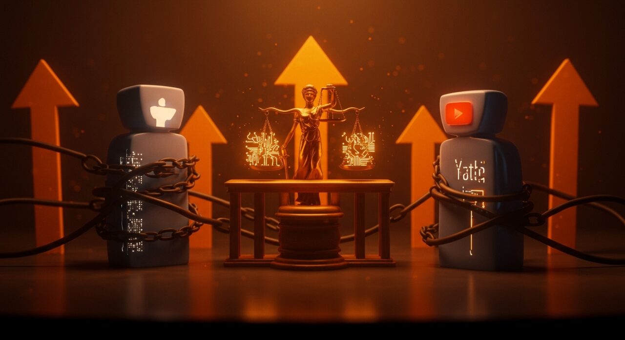 Representación visual del juicio histórico contra Meta y YouTube por adicción a redes sociales y regulación tecnológica en Silicon Valley.