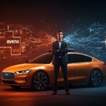 Travis Kalanick con vehículo autónomo futurista en competencia con Waymo, destacando la innovación y competencia en vehículos autónomos.