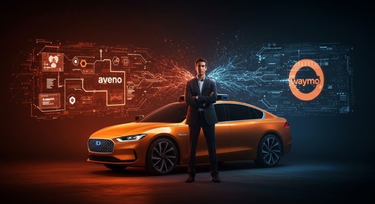 Travis Kalanick con vehículo autónomo futurista en competencia con Waymo, destacando la innovación y competencia en vehículos autónomos.