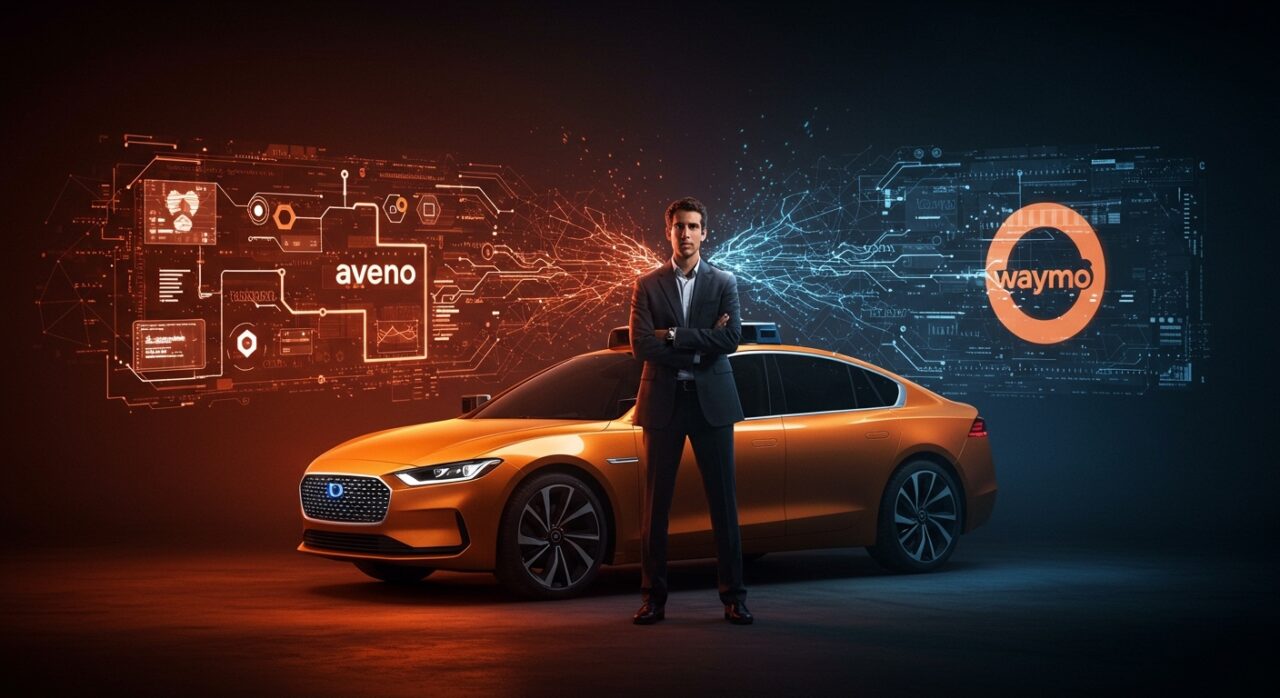 Travis Kalanick con vehículo autónomo futurista en competencia con Waymo, destacando la innovación y competencia en vehículos autónomos.