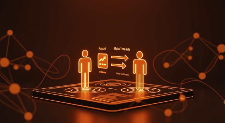 Integración de Kalshi con Meta Threads mostrando mercados predictivos y compartir predicciones en redes sociales para startups tech.