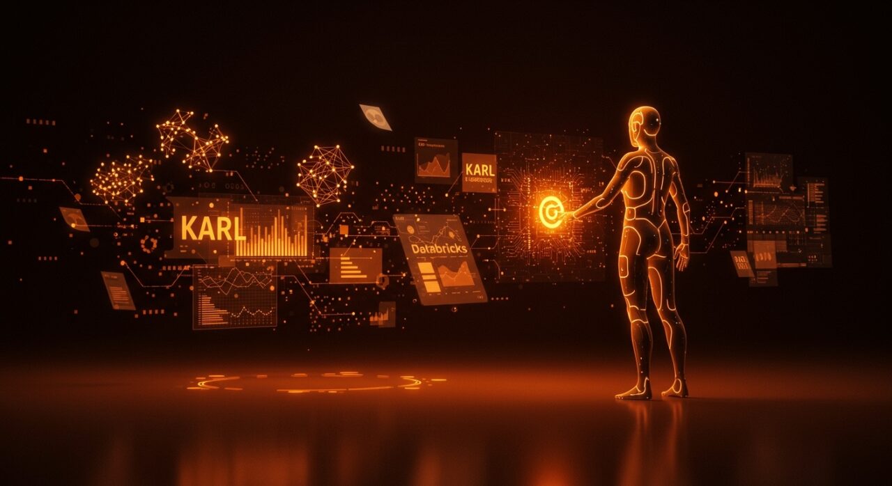 Agente RAG KARL de Databricks mejorando la búsqueda empresarial con IA y aprendizaje por refuerzo en un entorno tecnológico futurista.