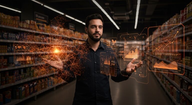 Startup argentina Kigüi mostrando inteligencia artificial para retail con símbolos de funding y expansión internacional en un entorno tecnológico.